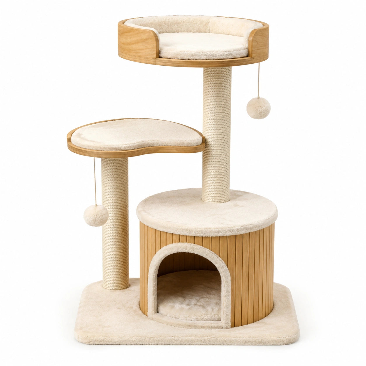 Arbre à chat avec niche, plateformes et griffoirs en sisal, bois naturel et beige, 60 × 48 × 110 cm