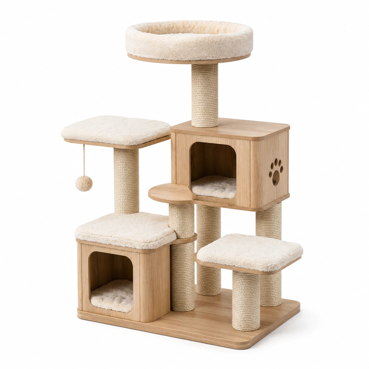 Arbre à chat en bois naturel, sisal beige et tissu crème, 120 × 60 × 150 cm, avec 2 niches et plateformes