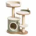 Arbre à chat en bois, sisal et peluche, vert sauge, crème et bois naturel, 100 × 60 × 150 cm, avec niche et plateformes
