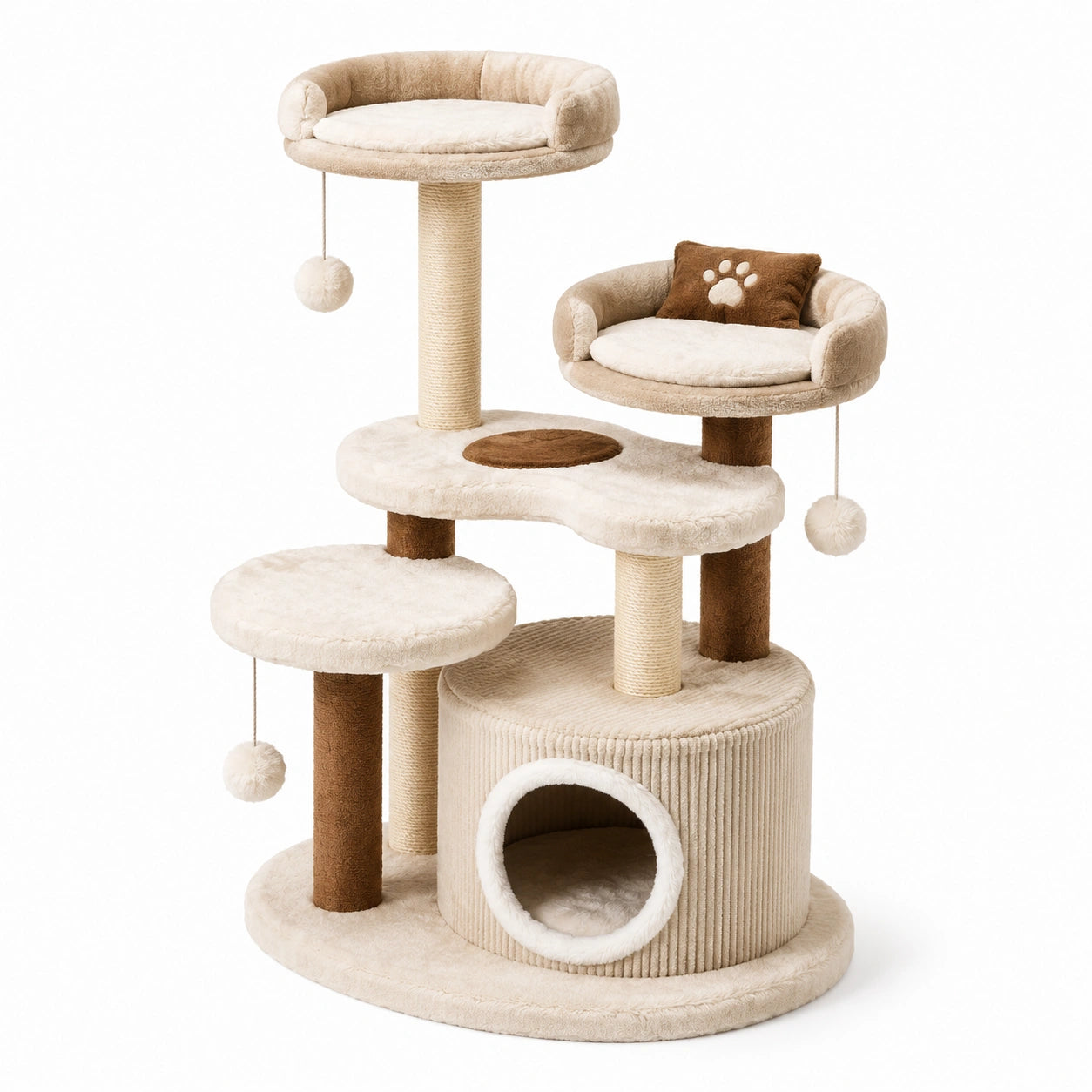 Arbre à chat multiniveau beige et marron 90 × 60 × 150 cm avec niche, couchages et poteaux en sisal