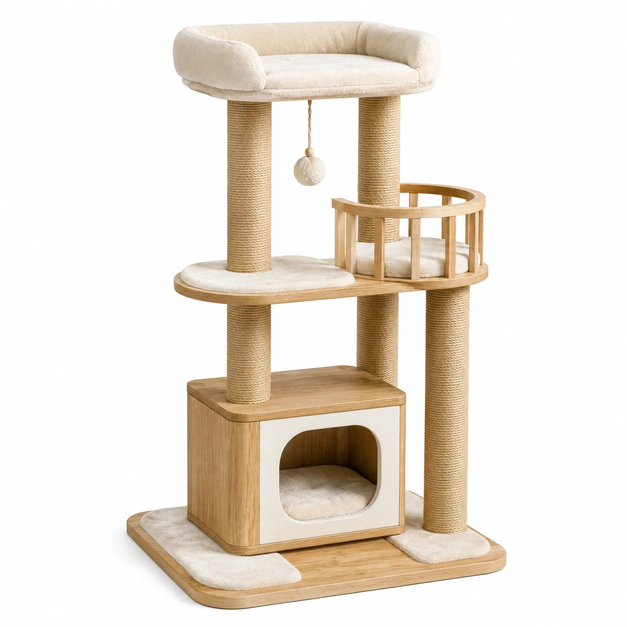 Arbre à chat en bois clair 80 × 55 × 145 cm, beige et crème, avec niche, plateformes, couchage et poteaux en sisal