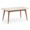 Table à manger contemporaine avec plateau beige effet pierre et pieds en bois brun, 160 × 90 × 75 cm
