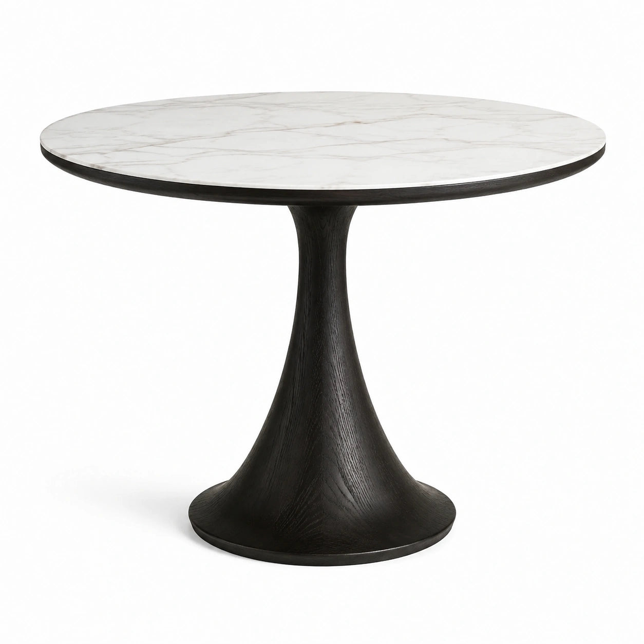 Table à manger ronde Ø 110 × H 76 cm, plateau blanc effet marbre et pied central noir