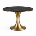 Table ronde Ø 120 x H 75 cm, plateau noir effet marbre veiné doré et pied central en métal doré