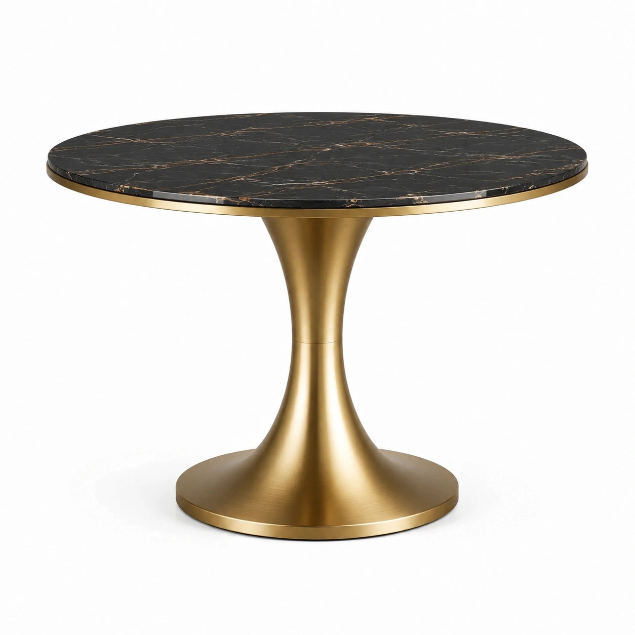 Table ronde Ø 120 x H 75 cm, plateau noir effet marbre veiné doré et pied central en métal doré