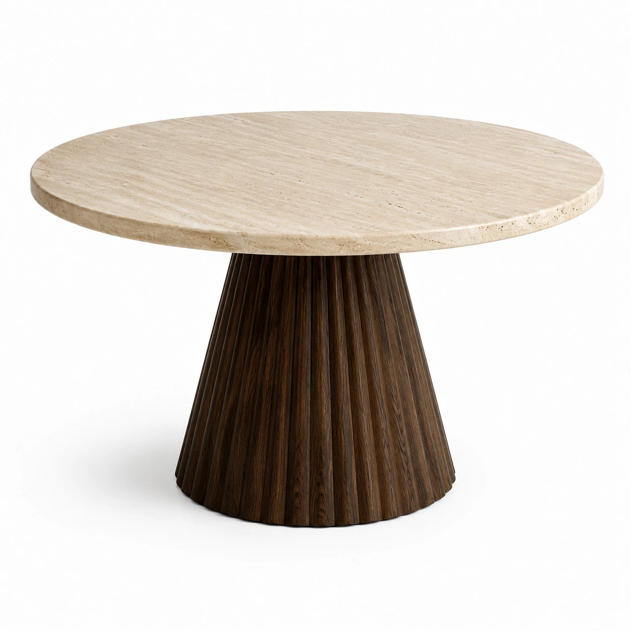Table à manger ronde Ø 120 × H 75 cm, plateau beige aspect travertin et pied central rainuré brun foncé