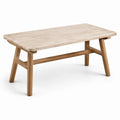 Table à manger rectangulaire avec plateau en pierre beige et piètement en bois marron, 160 × 80 × 75 cm