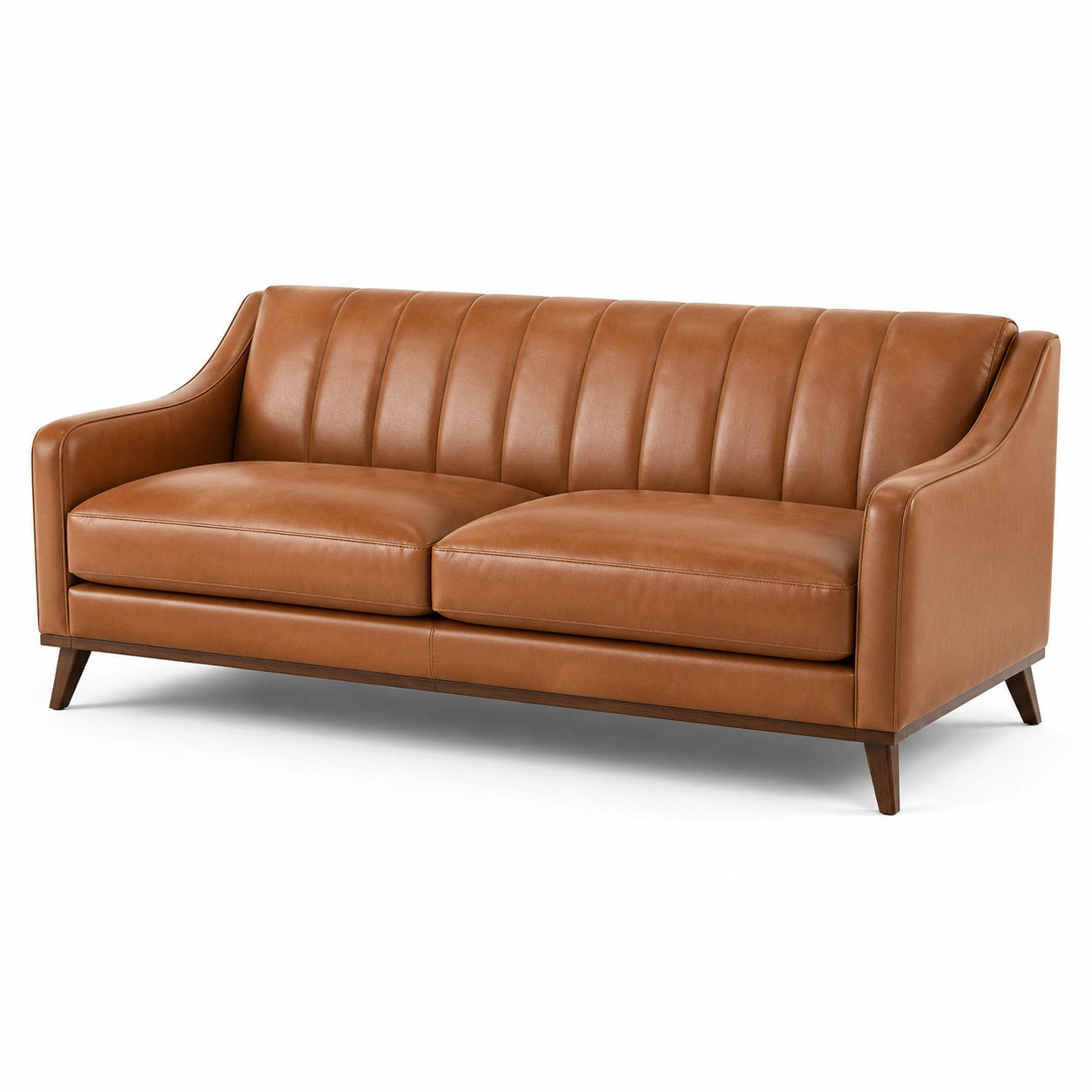 Canapé 3 places 210 × 88 × 82 cm avec revêtement effet cuir camel et pieds en bois brun