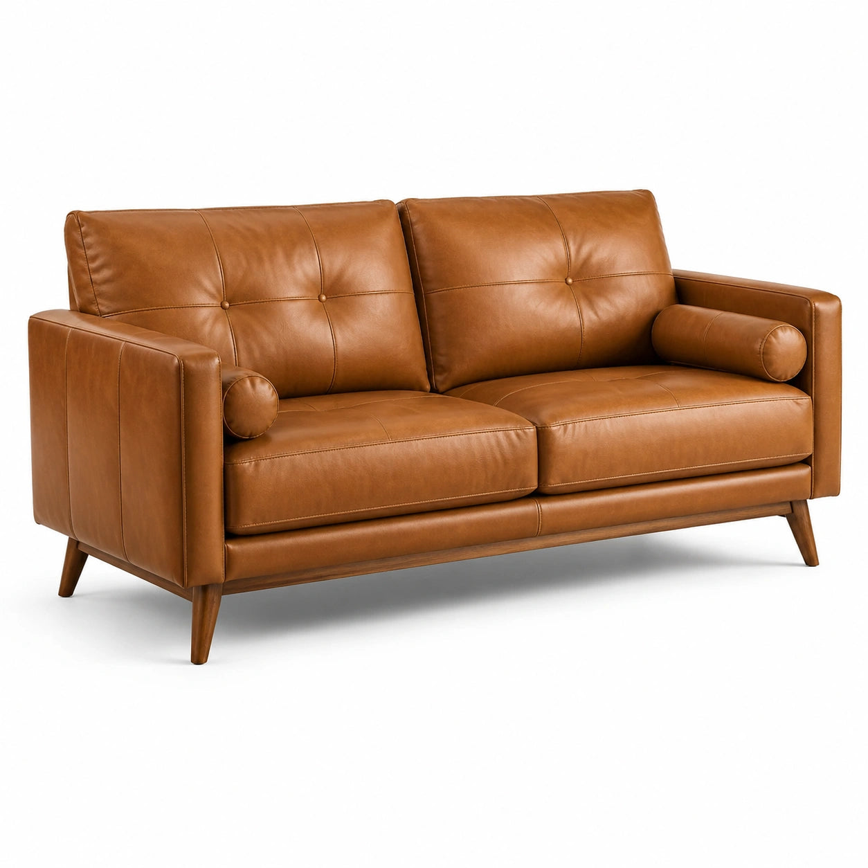 Canapé 2 places en similicuir cognac avec pieds en bois, 190 × 85 × 85 cm