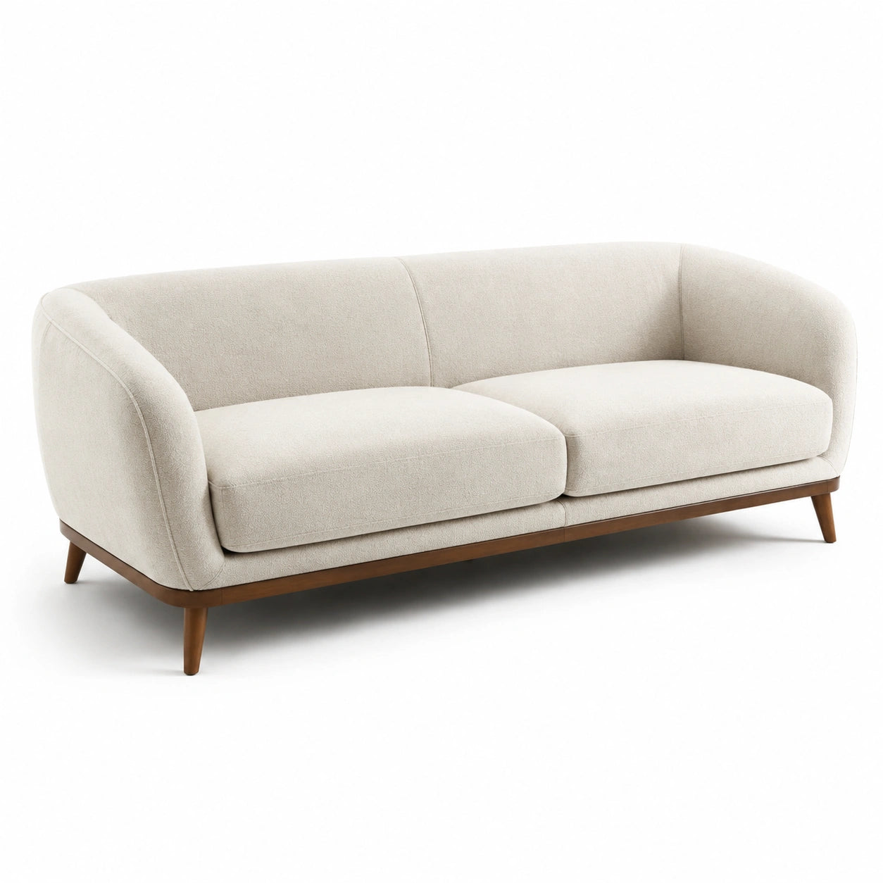 Canapé 3 places en tissu bouclé écru avec base en bois marron, 210 × 90 × 82 cm