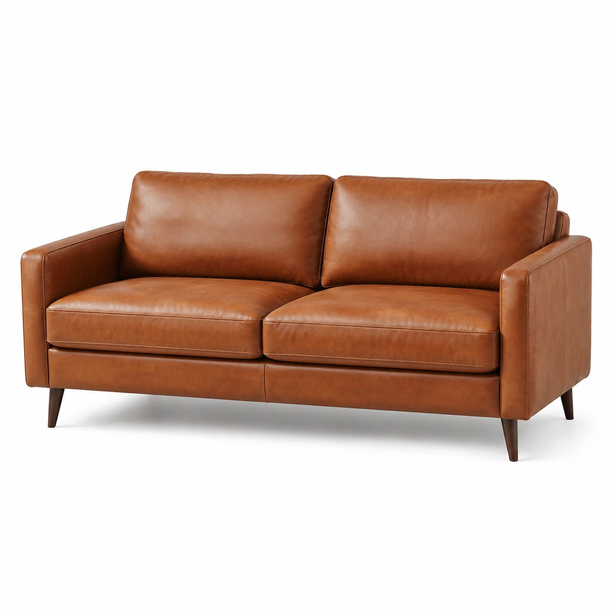 Canapé contemporain 2 places en similicuir marron cognac, 180 × 85 × 82 cm