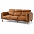 Canapé 3 places cognac et marron, 220 × 90 × 85 cm, revêtement aspect cuir et structure en bois