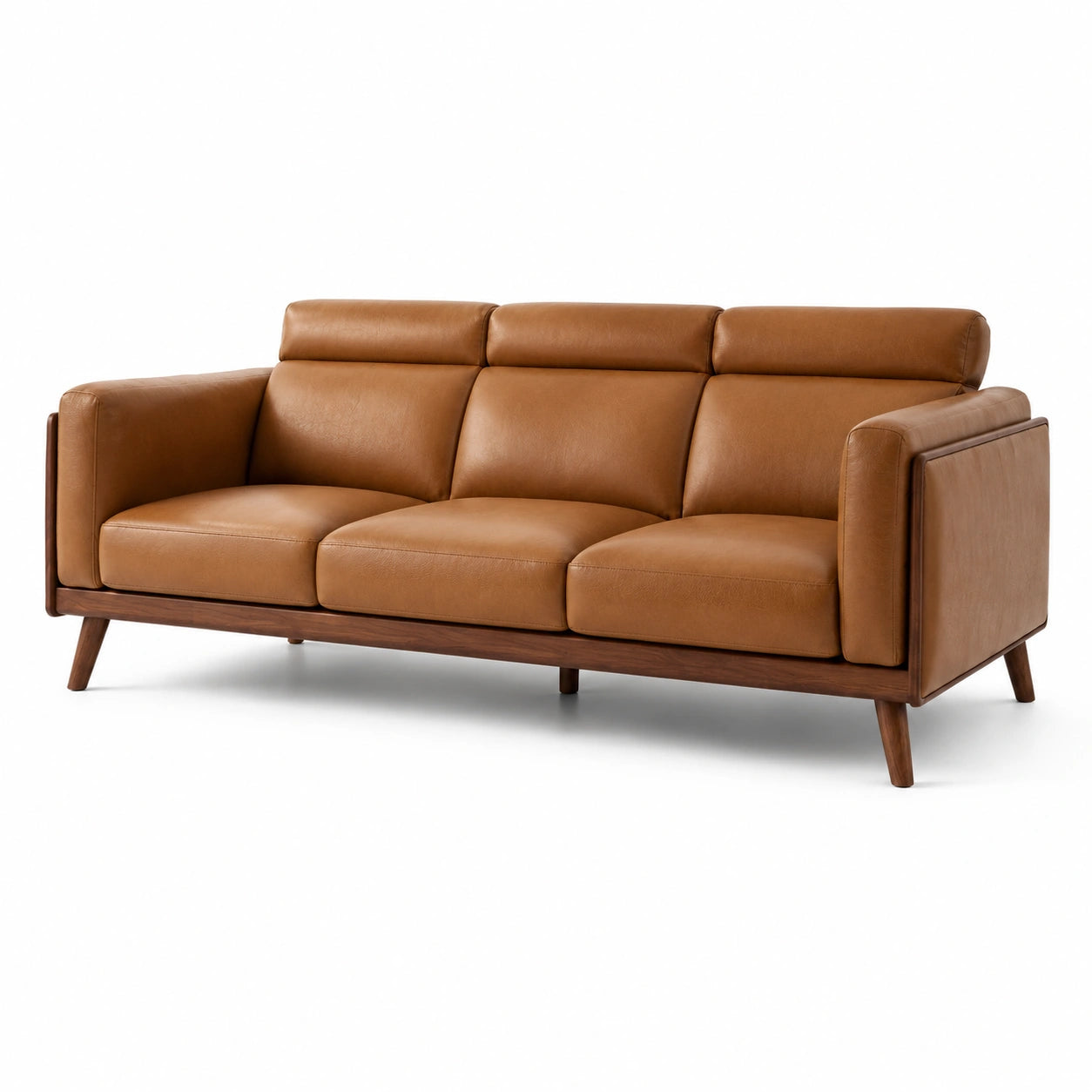 Canapé 3 places cognac et marron, 220 × 90 × 85 cm, revêtement aspect cuir et structure en bois