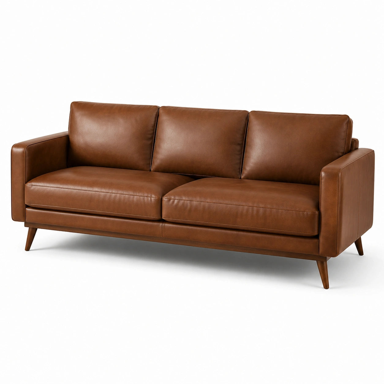 Canapé 3 places marron effet cuir avec pieds en bois, 210 × 90 × 85 cm