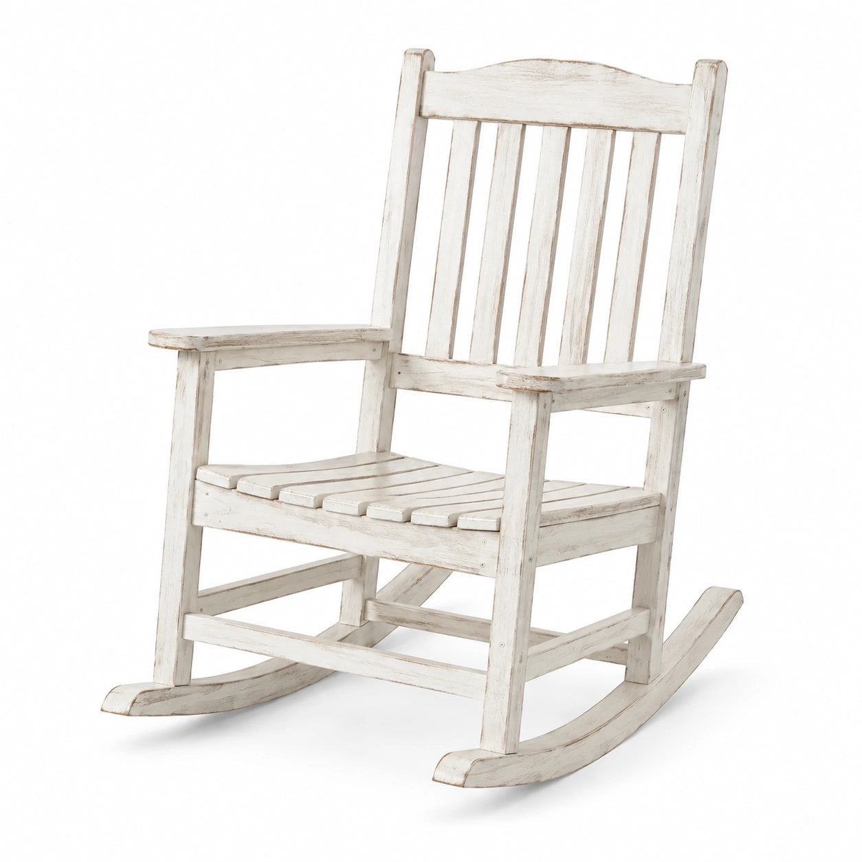 Fauteuil à bascule en bois patiné blanc et beige avec accoudoirs, 68 × 90 × 110 cm