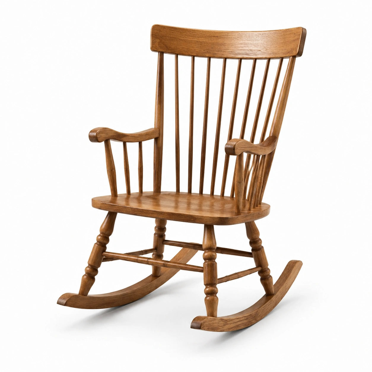 Fauteuil à bascule traditionnel en bois marron clair avec accoudoirs, 68 × 86 × 112 cm