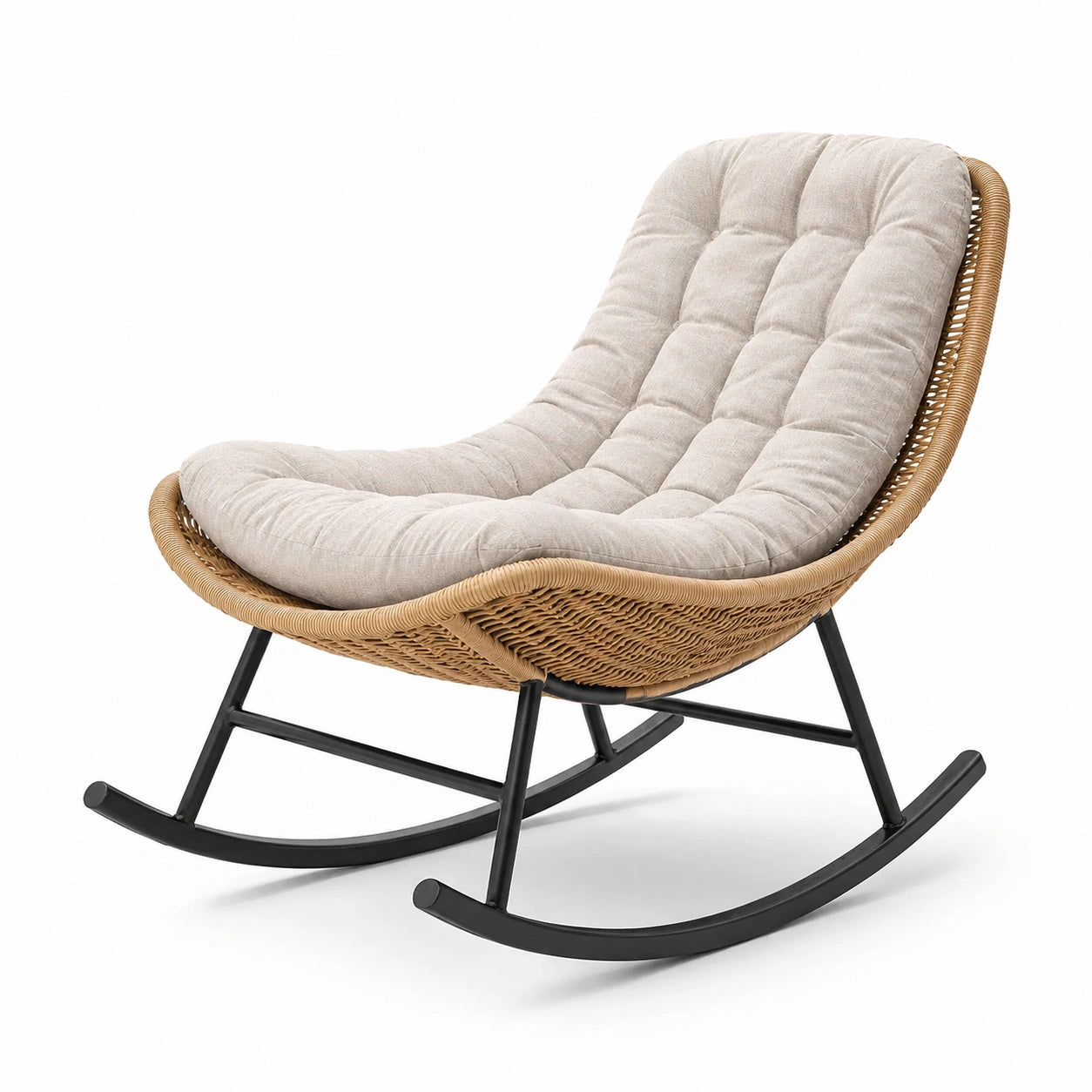 Fauteuil à bascule 98 × 84 × 98 cm en résine tressée marron clair avec coussin beige et structure noire