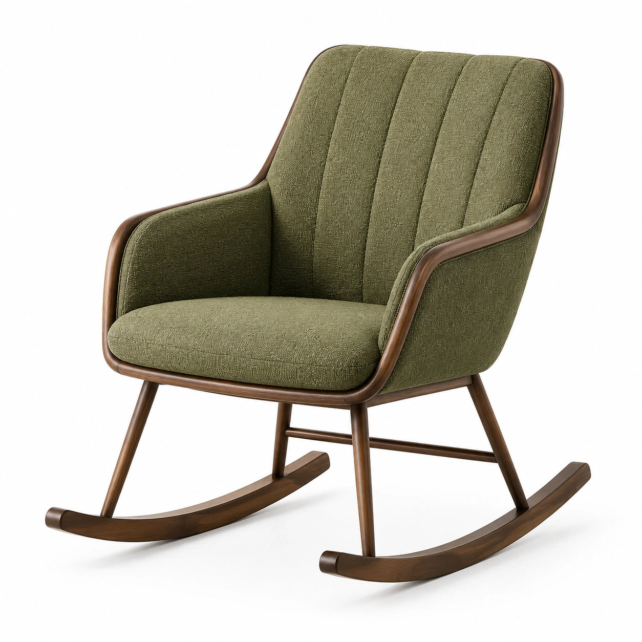Fauteuil à bascule rétro en tissu vert olive et bois brun, 88 × 72 × 95 cm