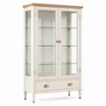 Vitrine blanche en bois naturel et verre transparent 100 × 40 × 190 cm, détails dorés, 2 portes, 3 tablettes et 1 tiroir