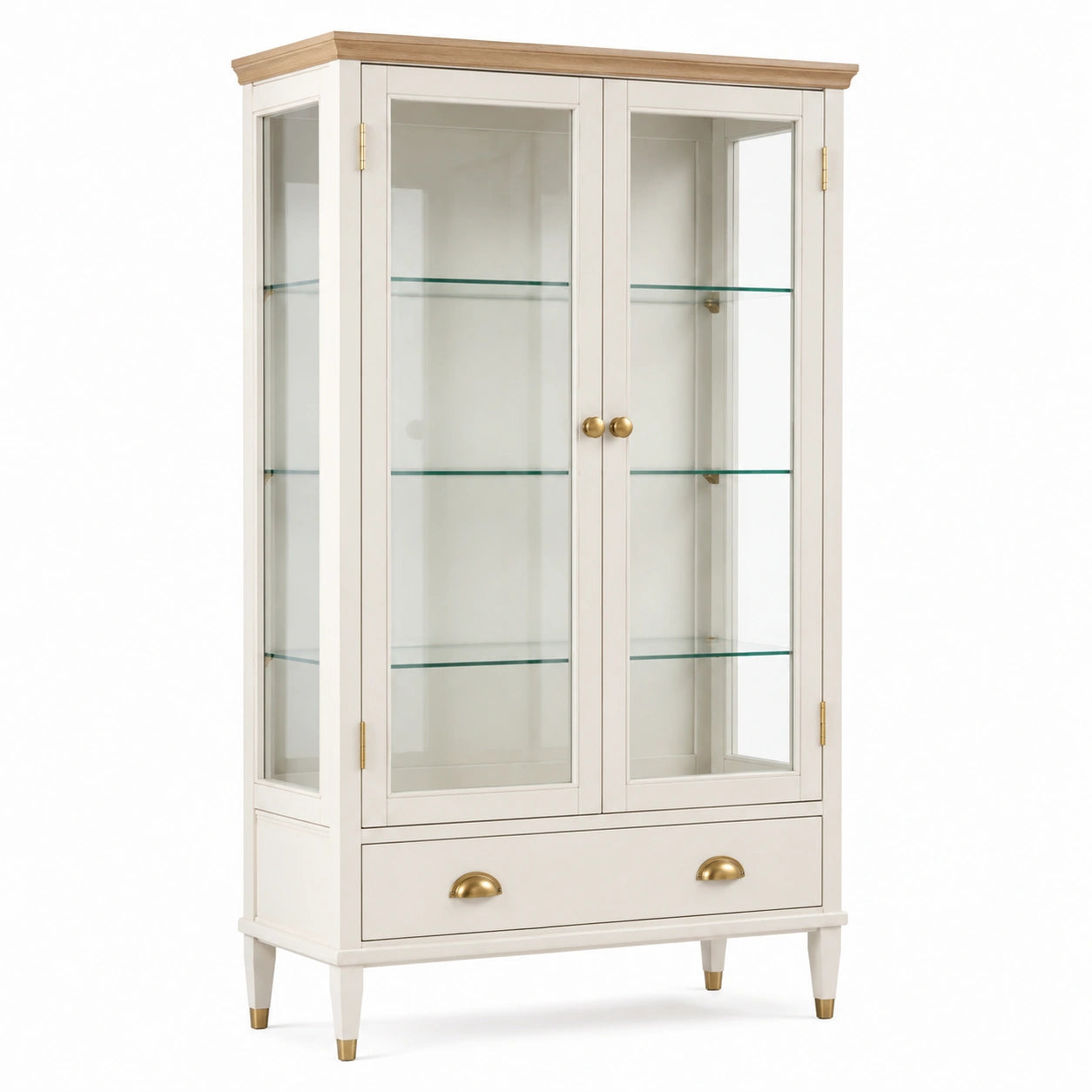 Vitrine blanche en bois naturel et verre transparent 100 × 40 × 190 cm, détails dorés, 2 portes, 3 tablettes et 1 tiroir