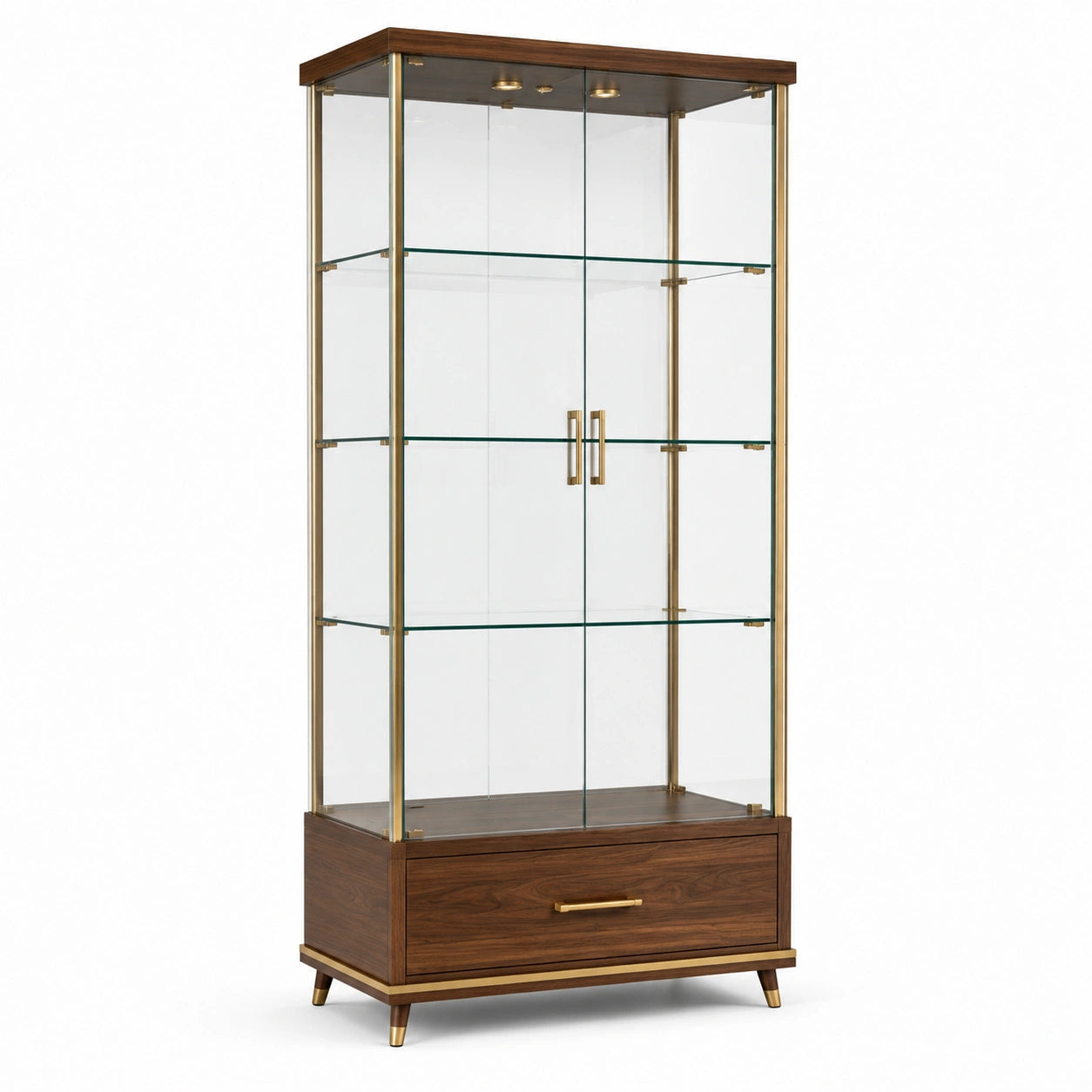 Vitrine en verre, bois brun et métal doré avec éclairage intégré – 100 × 45 × 190 cm