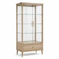 Vitrine effet chêne clair avec verre transparent et détails dorés, 90 × 40 × 180 cm, 3 étagères et 1 tiroir