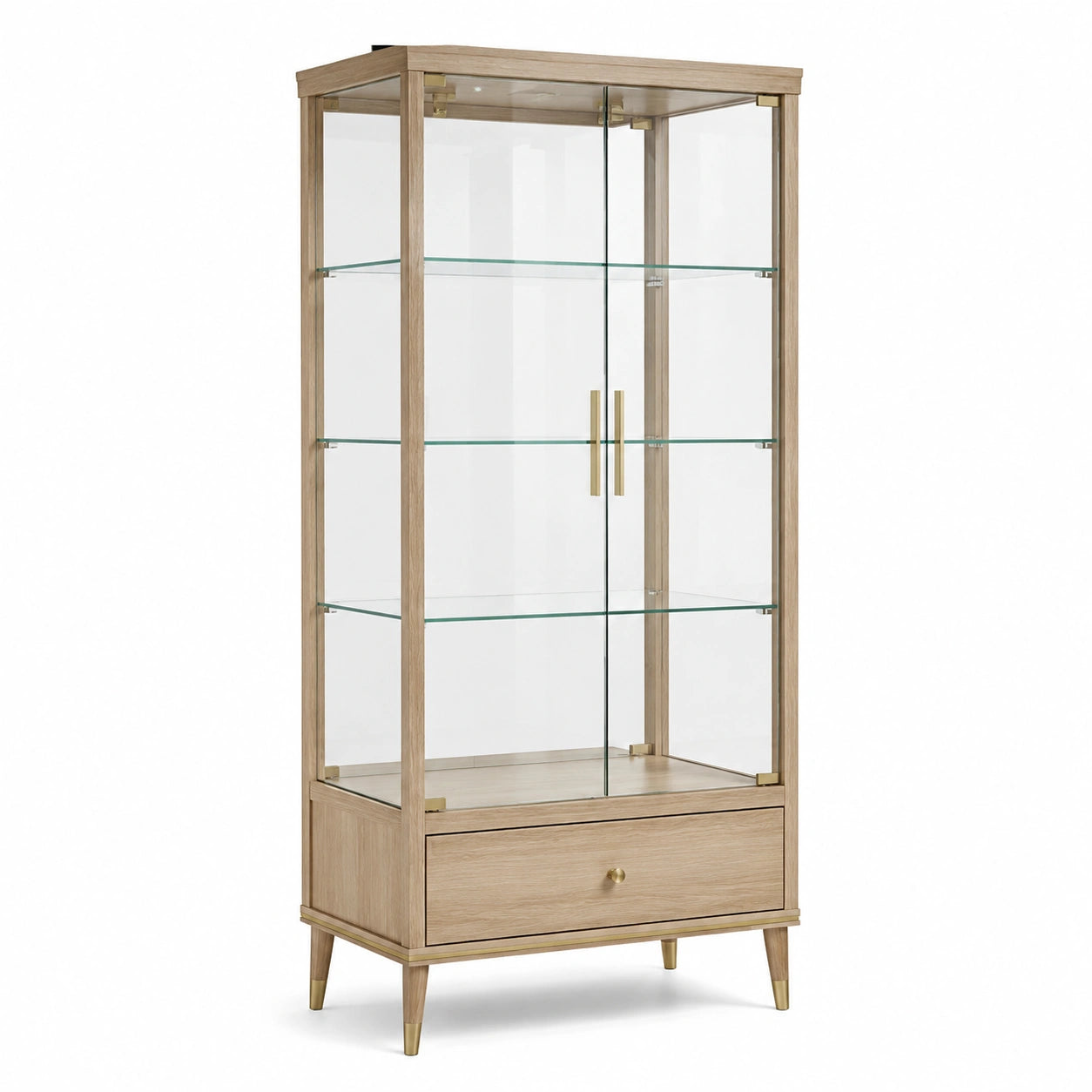 Vitrine effet chêne clair avec verre transparent et détails dorés, 90 × 40 × 180 cm, 3 étagères et 1 tiroir