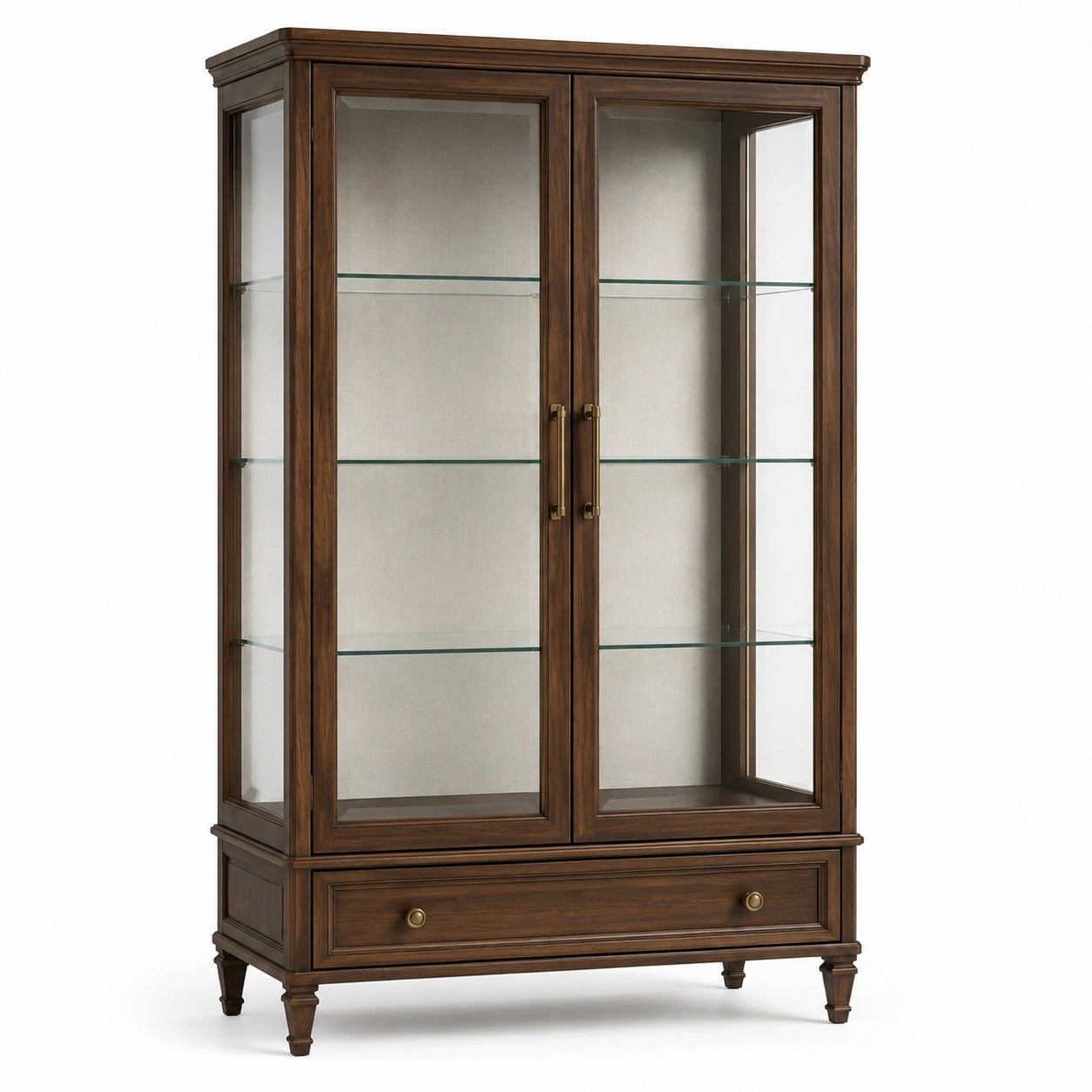 Vitrine en bois brun et verre transparent à 2 portes, 3 étagères et 1 tiroir, 100 × 40 × 190 cm