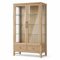 Vitrine en bois effet chêne naturel et verre avec 2 portes et 2 tiroirs, 100 × 40 × 180 cm