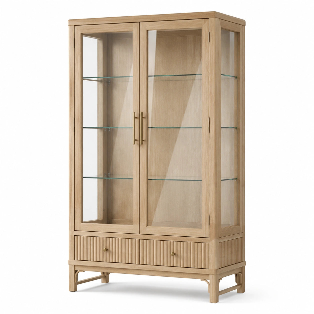 Vitrine en bois effet chêne naturel et verre avec 2 portes et 2 tiroirs, 100 × 40 × 180 cm