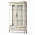 Vitrine ivoire en bois et verre avec détails dorés, 2 portes, 2 tiroirs et 3 tablettes, 100 × 42 × 190 cm