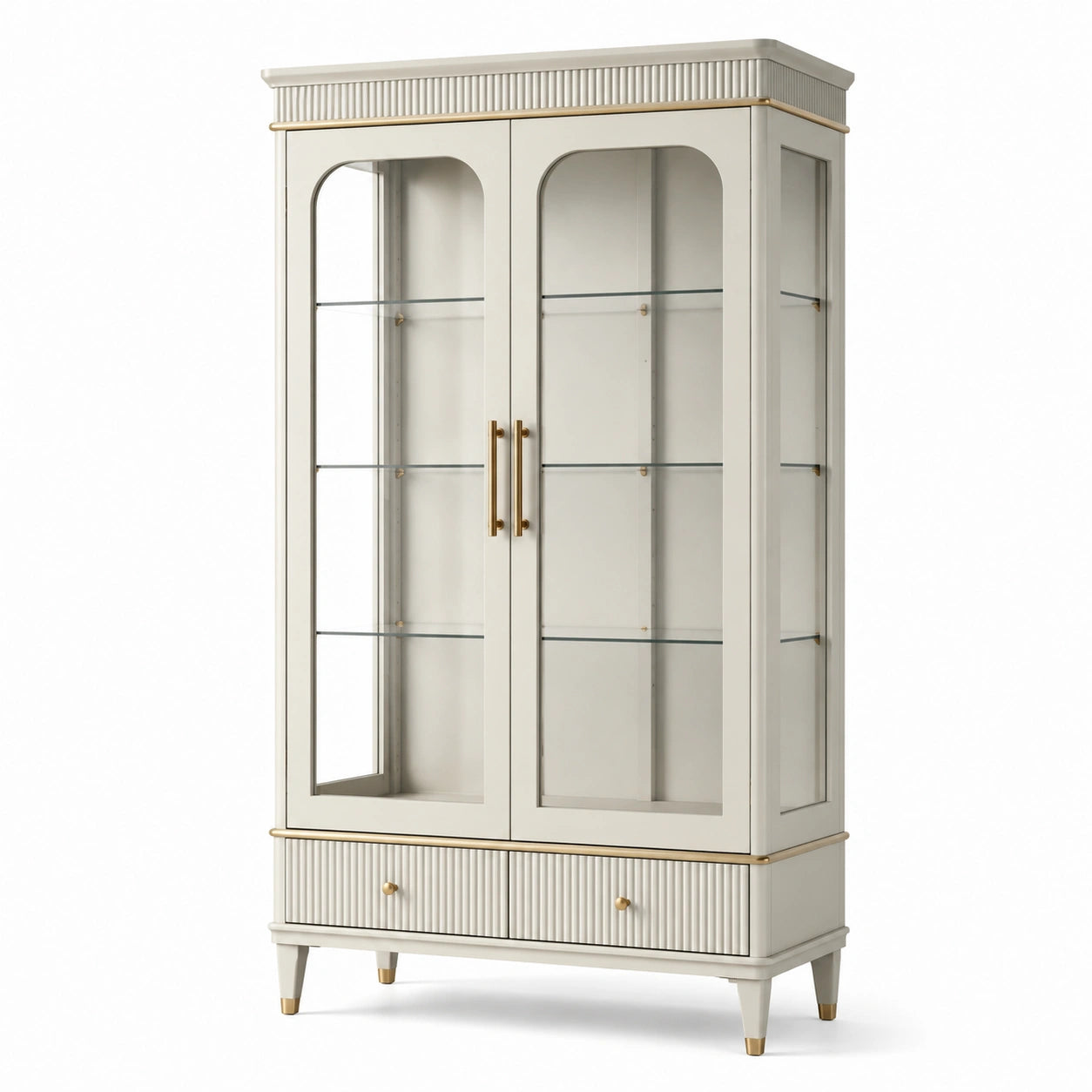 Vitrine ivoire en bois et verre avec détails dorés, 2 portes, 2 tiroirs et 3 tablettes, 100 × 42 × 190 cm