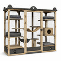 Enclos pour chats en bois naturel et métal anthracite avec plateformes grises, 200 × 100 × 190 cm