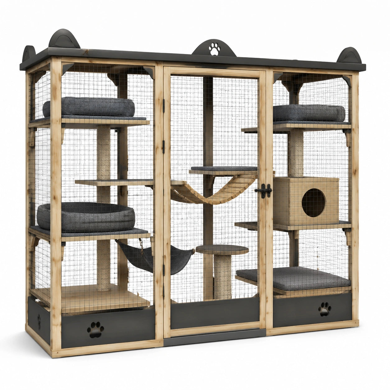 Enclos pour chats en bois naturel et métal anthracite avec plateformes grises, 200 × 100 × 190 cm