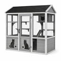 Enclos extérieur pour chat en bois gris, blanc et noir avec grillage, toit couvert, plateformes et rampes, 180 × 90 × 180 cm