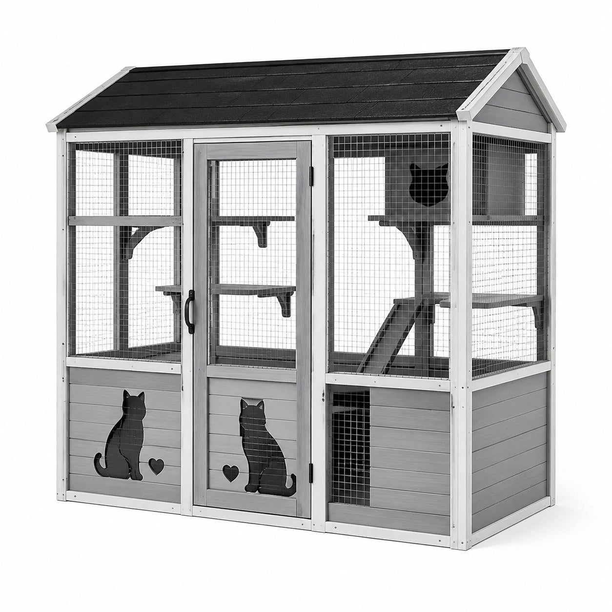 Enclos extérieur pour chat en bois gris, blanc et noir avec grillage, toit couvert, plateformes et rampes, 180 × 90 × 180 cm