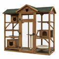 Enclos extérieur pour chat en bois brun avec toit vert foncé et grillage noir, 200 × 100 × 180 cm