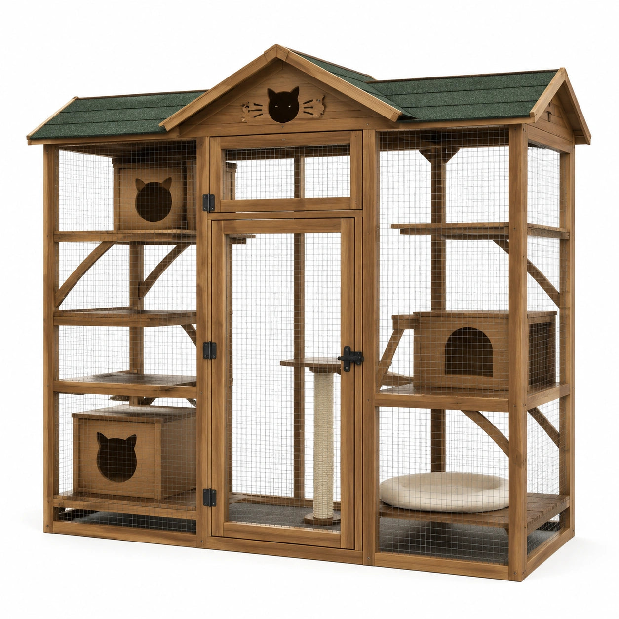 Enclos extérieur pour chat en bois brun avec toit vert foncé et grillage noir, 200 × 100 × 180 cm