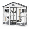 Espace extérieur pour chat en bois blanc et gris avec grillage, toit incliné, plateformes et hamac, 200 × 100 × 200 cm