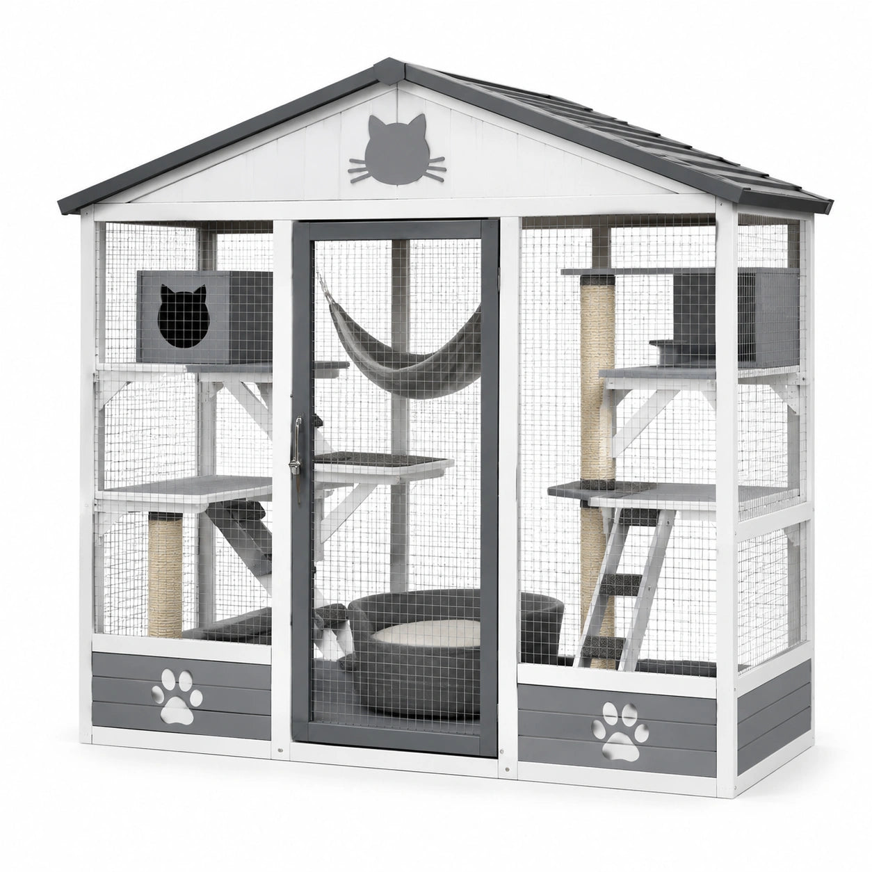 Espace extérieur pour chat en bois blanc et gris avec grillage, toit incliné, plateformes et hamac, 200 × 100 × 200 cm