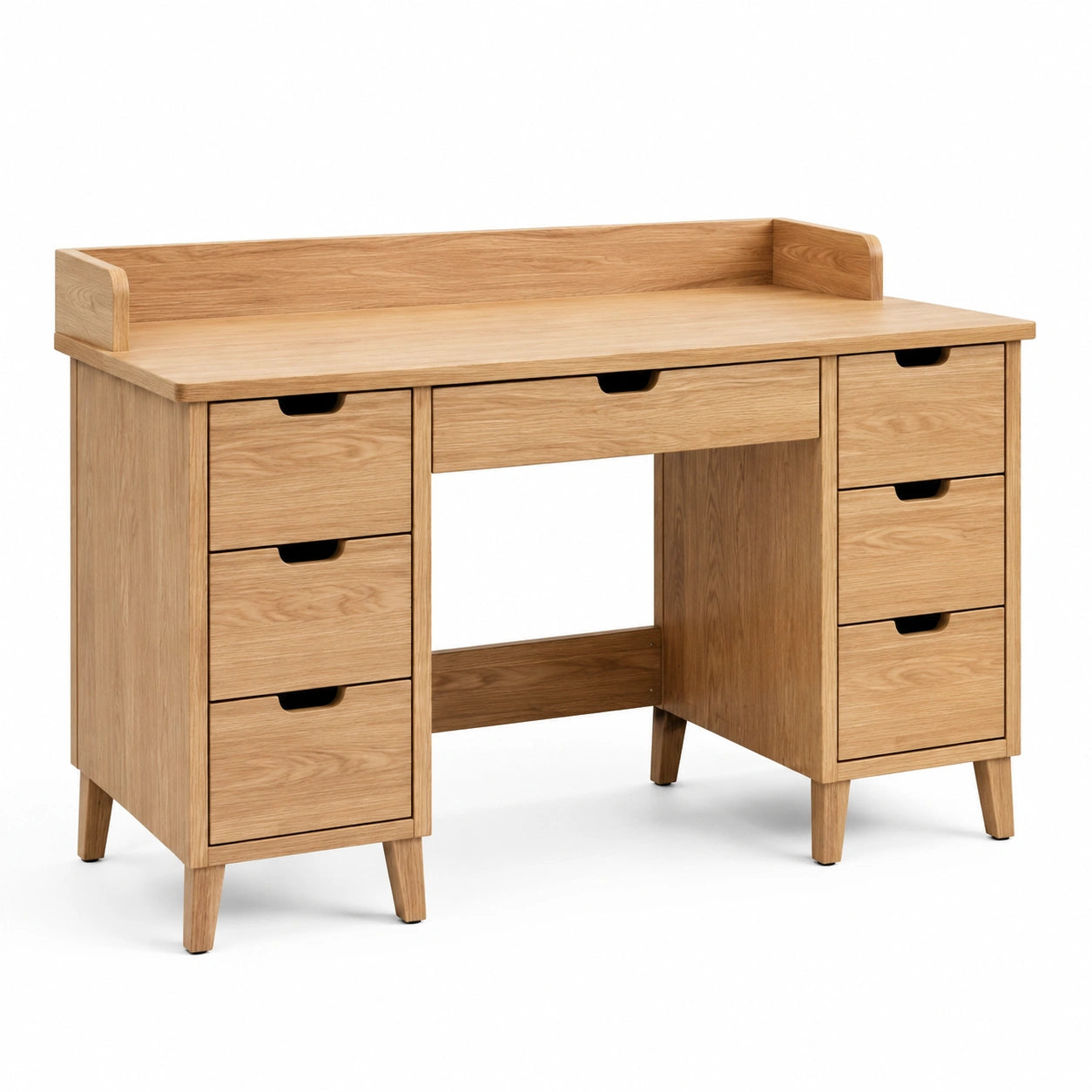 Bureau effet chêne naturel avec 7 tiroirs et plateau à rebords, 120 × 50 × 95 cm