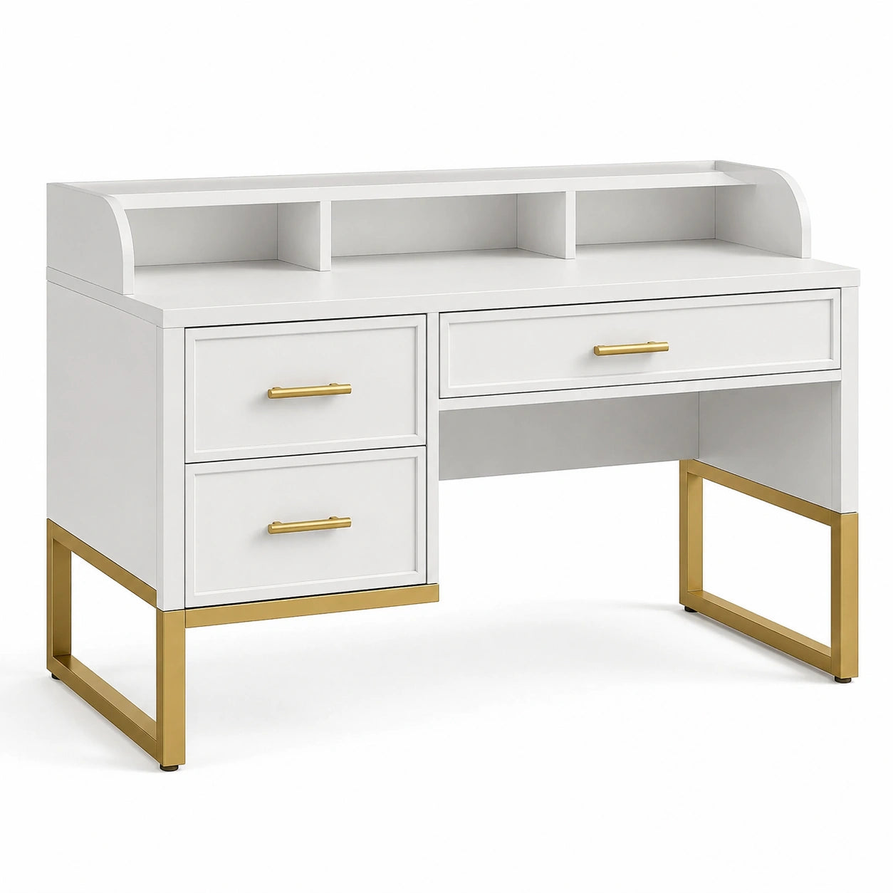 Bureau blanc et doré 120 × 55 × 100 cm avec 3 tiroirs et organiseur à 3 compartiments