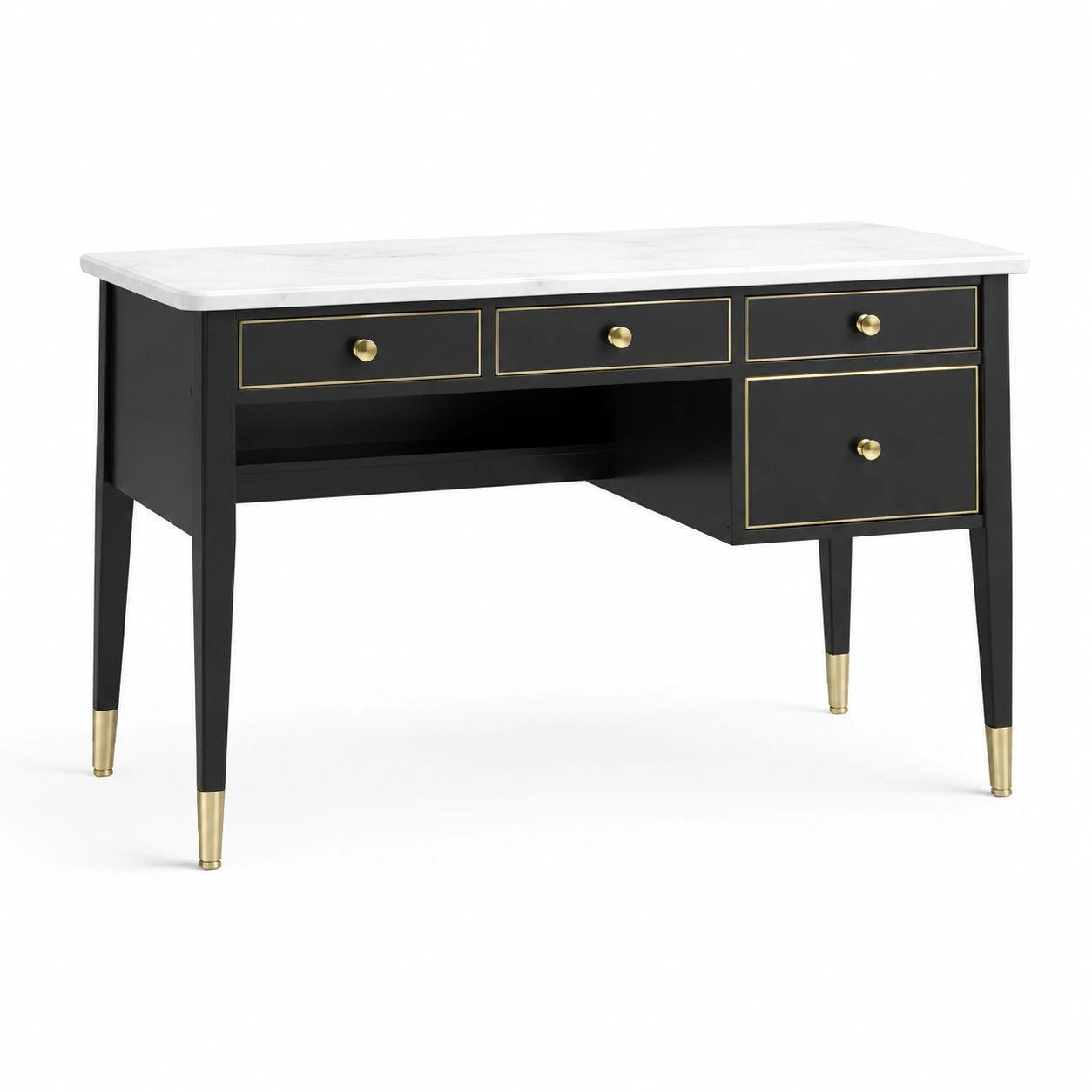 Bureau contemporain à 4 tiroirs avec plateau effet marbre, blanc, noir et doré, 120 × 50 × 76 cm