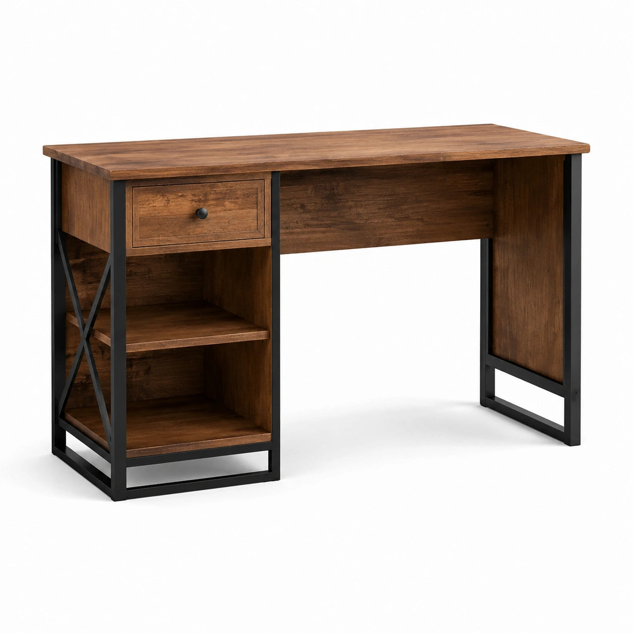 Bureau industriel brun et noir 120 × 50 × 76 cm avec tiroir et deux étagères