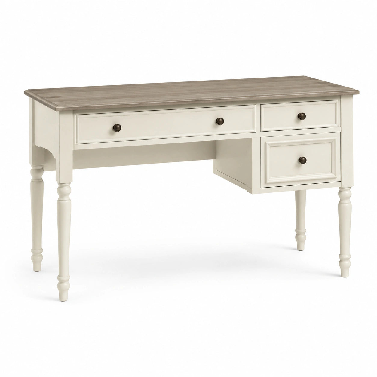Bureau classique en bois blanc cassé et brun clair avec 3 tiroirs, 120 × 55 × 78 cm