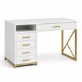 Bureau avec rangement, 5 tiroirs et niche ouverte, 120 × 50 × 76 cm, blanc et doré
