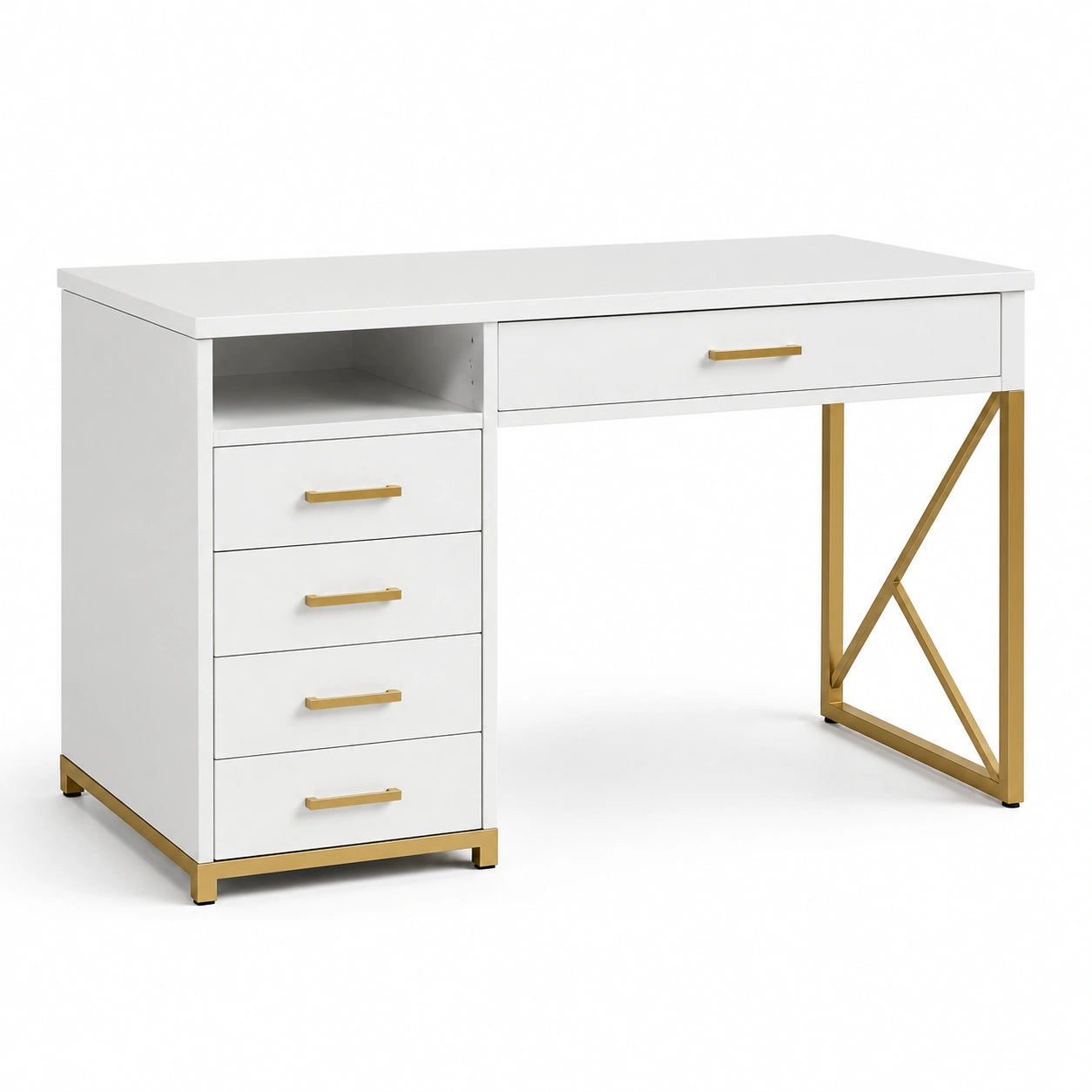 Bureau avec rangement, 5 tiroirs et niche ouverte, 120 × 50 × 76 cm, blanc et doré