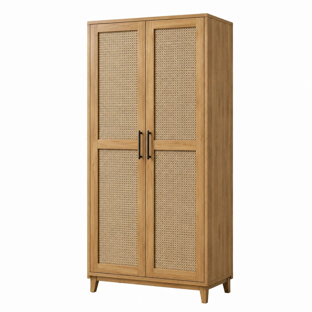 Armoire de rangement à 2 portes en cannage, effet chêne naturel, 90 × 40 × 180 cm
