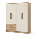 Armoire à 4 portes et 2 tiroirs, beige, chêne clair et laiton, 160 × 52 × 200 cm