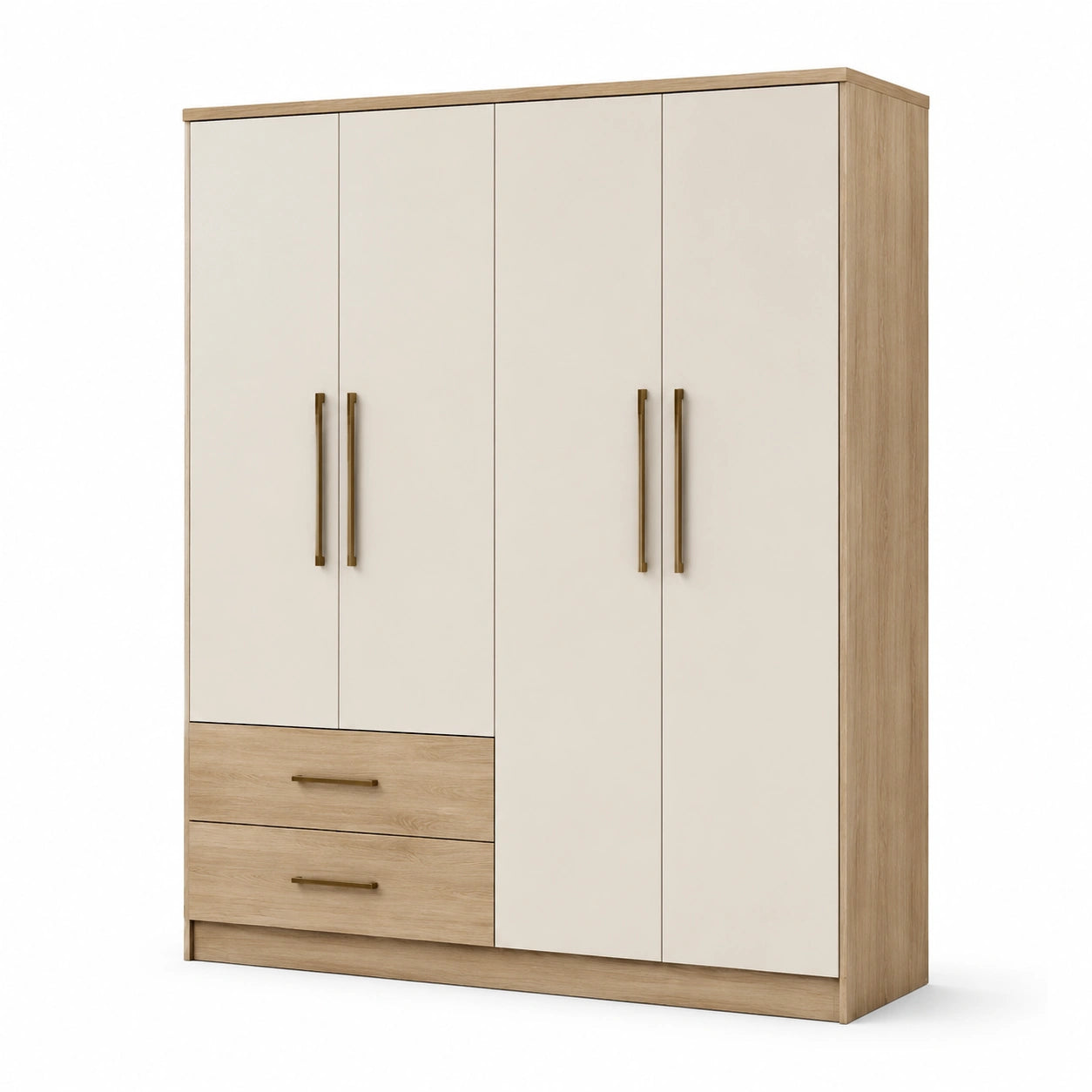 Armoire à 4 portes et 2 tiroirs, beige, chêne clair et laiton, 160 × 52 × 200 cm